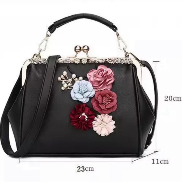 Flower Applique Kiss Lock PU Leather Bag (Black) - Picture 6 of 7